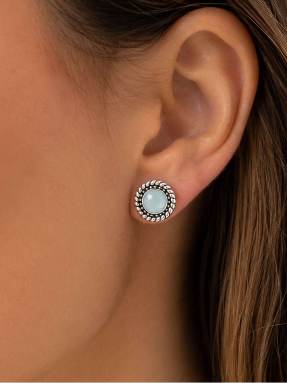 NEW - Chic Silver Textured & Light Blue Moonstone Stud Minimalist Post Earrings